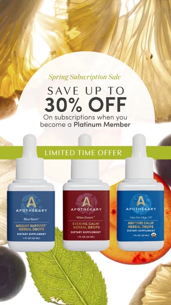 This image ad for Apothecary promotes a spring subscription sale, offering up to 30% off for Platinum members. The ad fe