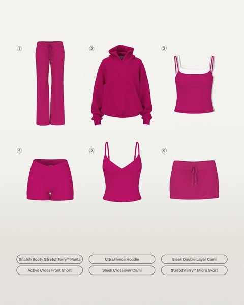 This ad shows 6 different pieces of clothing that are available for purchase. They are all displayed in the same color.
