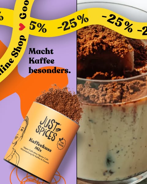 This image ad promotes Just Spices' Kaffeekuss Mix as a way to make coffee special, featuring a split screen with th