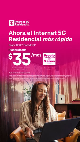 This ad promotes T-Mobile's 5G residential internet plans. It features a woman using a laptop in a home setting and 