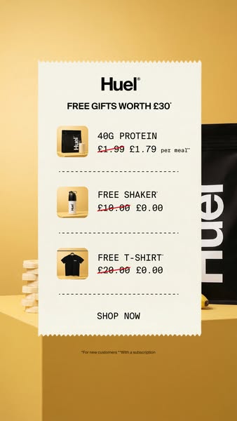 This image ad promotes Huel products with a special offer of free gifts valued at £30 for new customers who subscribe. T
