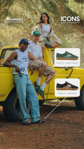 This ad for Morrison sneakers features three young adults sitting on the hood of a yellow truck parked in a wooded area.