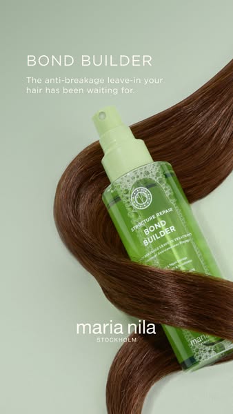 This ad features Maria Nila's Bond Builder product, emphasizing its anti-breakage benefits and suitability for damag