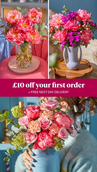 This ad showcases different flower bouquets and promotes a discount and free next day delivery on first orders.