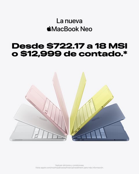 This image ad is for the new MacBook Neo. It shows four of the laptops from an elevated angle, with each laptop in a dif