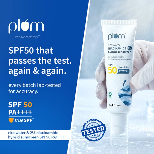 This image ad for Plum sunscreen highlights its SPF50 rating, lab-tested accuracy, and key ingredients like rice water a