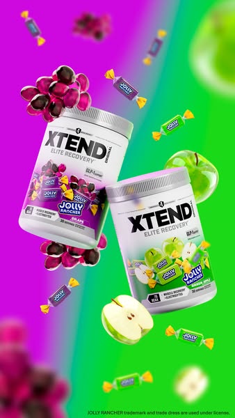 This ad promotes two flavors of XTEND Elite Recovery supplement in partnership with Jolly Rancher candy.