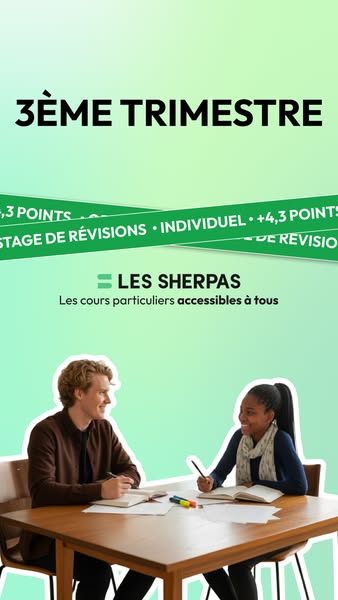 This image ad for Les Sherpas features two students studying and working on a school project with the title 3ème Trimest