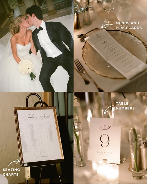 The ad displays four scenes from a wedding: the bride and groom kissing, a table setting, a seating chart, and a table n