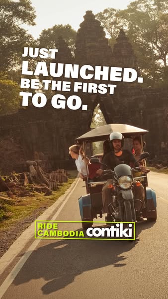 This image ad for Contiki promotes a new ride in Cambodia with an image of a tuk-tuk driving towards stone ruins.