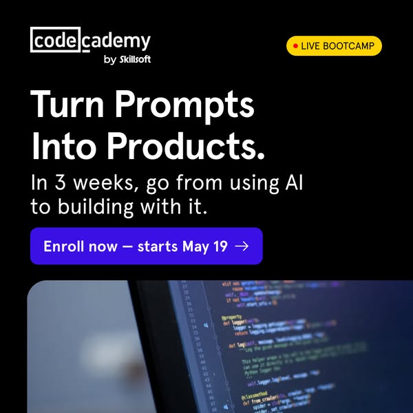 This ad promotes a Codecademy bootcamp that teaches how to use AI to build products in just three weeks.