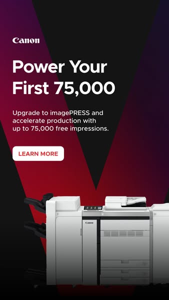 This ad for Canon promotes the imagePRESS with an offer of up to 75,000 free impressions.