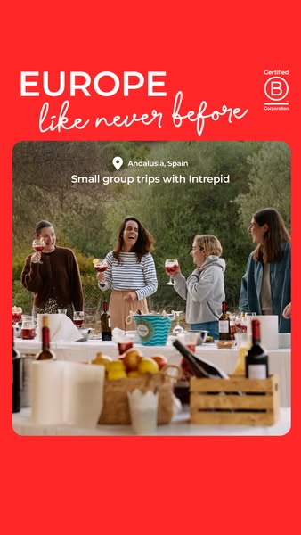 This image ad from Intrepid promotes small group trips in Europe, particularly in Andalusia, Spain. The ad features a gr