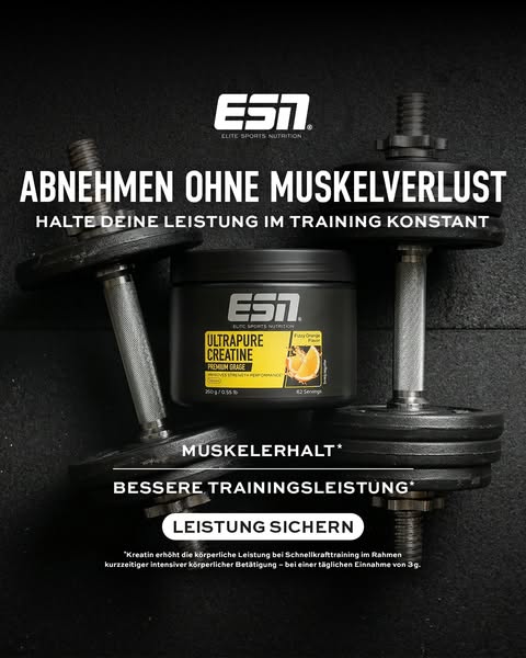 This image ad for ESN Ultrapure Creatine features a black and white product shot with superimposed text highlighting the