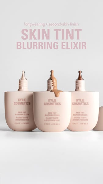This ad showcases the Kylie Cosmetics Skin Tint Blurring Elixir, highlighting its longwearing and second-skin finish thr