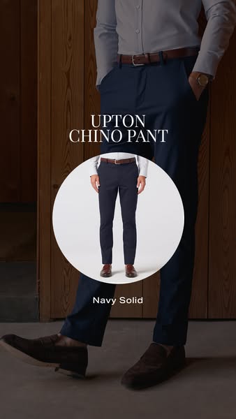 This image ad showcases an outfit featuring Upton Chino pants. The ad displays the outfit being worn by a man and also i