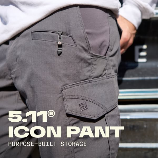 The ad showcases 5.11 Icon Pants, emphasizing their purpose-built storage capabilities.