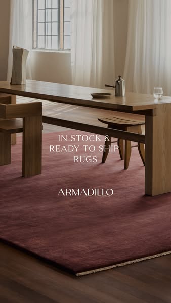 This ad is for Armadillo rugs, highlighting that they are in stock and ready to ship. The ad features a rug underneath a