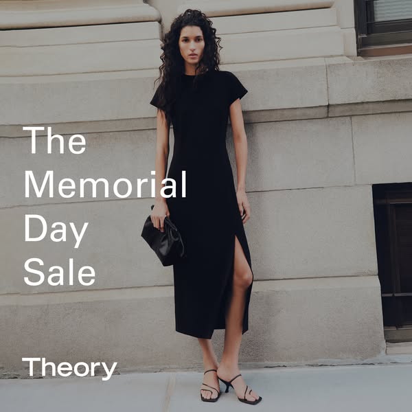 An image ad for Theory, advertising The Memorial Day Sale with an image of a woman wearing a Theory black dress.