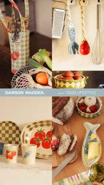 The ad showcases a collection of Damson Madder lifestyle products from the SS26 collection. It uses a multi-panel layout