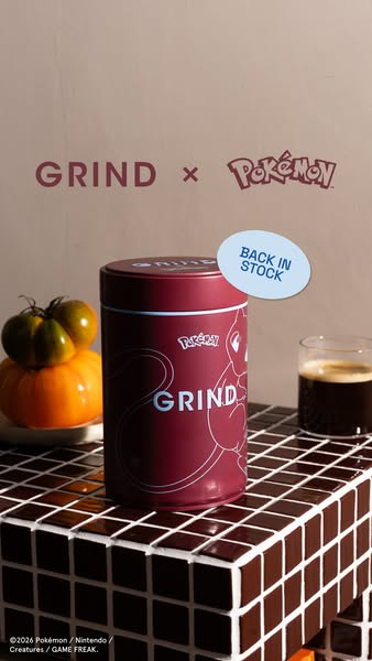 This ad features a special edition Grind coffee container in collaboration with Pokémon. The design includes a Pokémon c