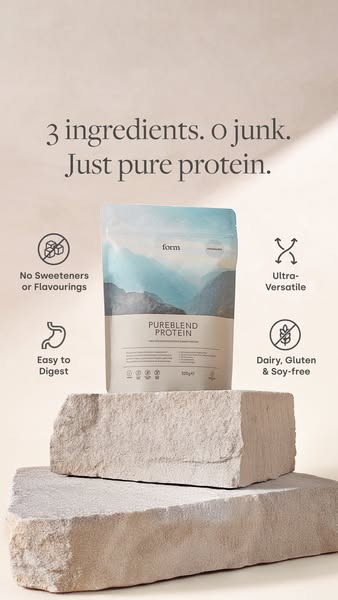 This is an image ad for Form Pureblend Protein. It highlights that it only has three ingredients and no junk.