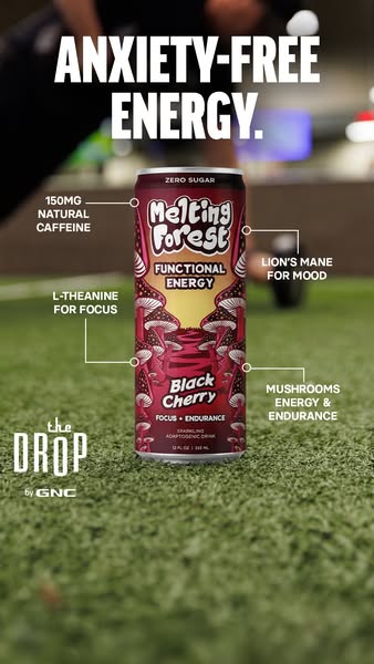 This ad promotes Melting Forest energy drinks from The Drop by GNC. The ad uses a can of Melting Forest Black Cherry to 