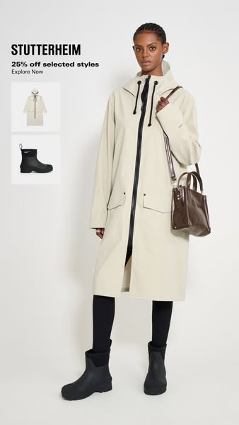 This ad features a model wearing a Stutterheim raincoat and boots. The ad showcases the brand's outerwear and offers