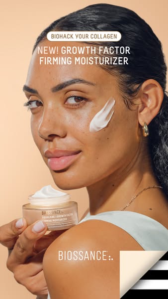 This ad features a woman applying Biossance Growth Factor Firming Moisturizer. The ad highlights the product's abili