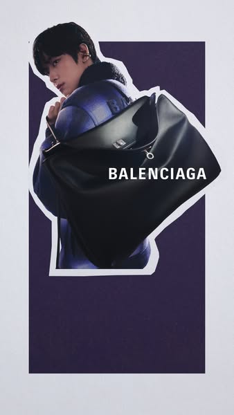 This ad features a Balenciaga handbag. A photo of a person wearing the bag has been cut out and placed against a blocky 