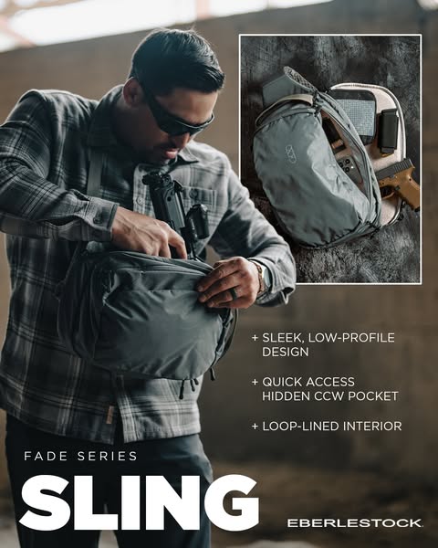 This image ad showcases the Eberlestock Fade Series Sling. The ad emphasizes the product's sleek, low-profile design