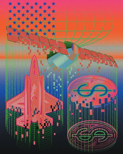 This ad features an abstract illustration with an American flag, a satellite, a fighter jet, and dollar sign symbols.