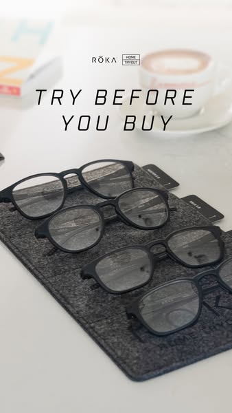 This image ad showcases ROKA eyewear's 'Home Tryout' program, inviting customers to try glasses before buyin
