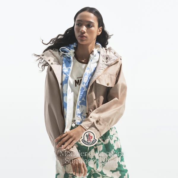 This ad features a woman wearing apparel from the Moncler Collection Summer 2026.
