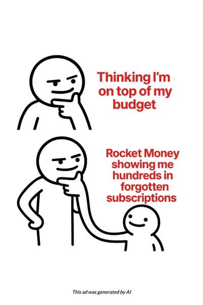 This ad illustrates the user's surprise when discovering forgotten subscriptions through the Rocket Money app. The a