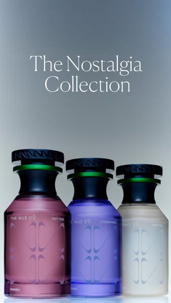 This ad features three bottles of The Nue Co. perfumes from The Nostalgia Collection. Each bottle is a different color a
