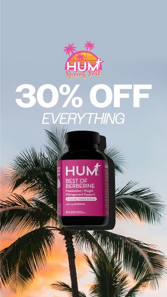 The ad is for HUM's Spring Sale, advertising 30% off everything. The product shown is HUM's Best of Berberine Me