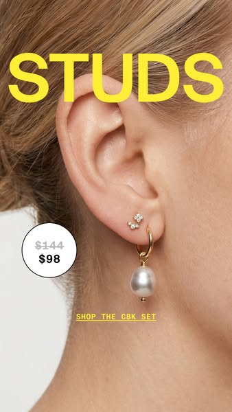 This image ad features a close up of an ear wearing a pair of stud earrings and a gold hoop earring with a pearl. The pr