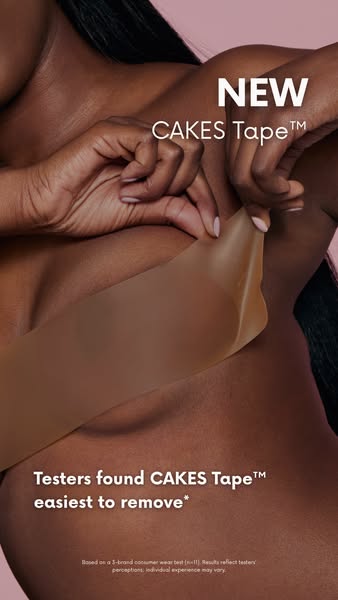 This ad features a close-up shot of a woman applying CAKES Tape™ to her skin. The text emphasizes that testers found CAK