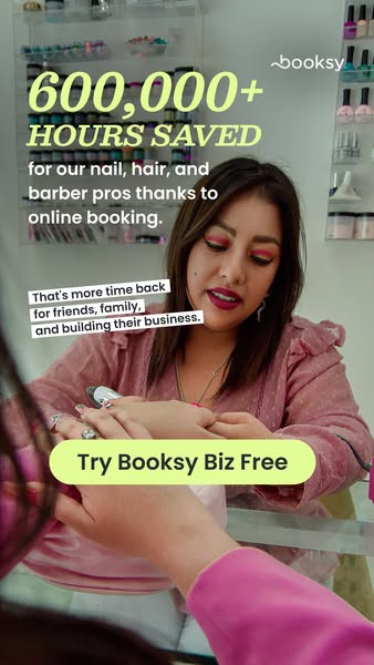 This ad promotes Booksy, a platform designed to save time for nail, hair, and barber professionals through online bookin