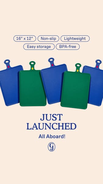 This ad showcases the brand's cutting boards, highlighting features such as non-slip, lightweight, easy storage, and