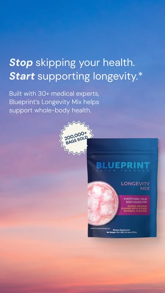This ad for Blueprint's Longevity Mix uses a lifestyle-focused image and persuasive text to highlight the product