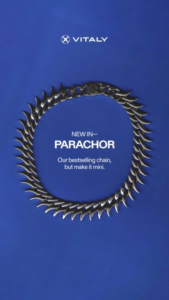 This ad showcases Vitaly's new Parachor chain, a mini version of their bestselling chain, set against a blue backgro
