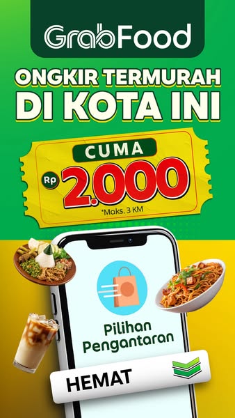 This is an image ad for GrabFood, a food delivery service. The ad promotes cheap delivery fees in the city.