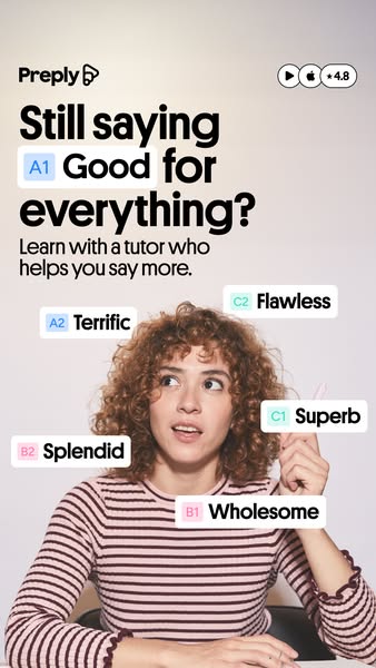 This Preply ad uses a features point out ad framework to highlight that learners can enhance their vocabulary by learnin