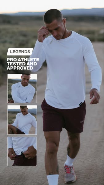 An advertisement for Legends brand athletic wear featuring a male athlete in a long-sleeved shirt and shorts. Several zo