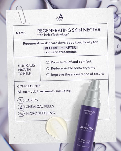 This ad showcases Alastin's Regenerating Skin Nectar with TriHex Technology through a stylized product shot that fea