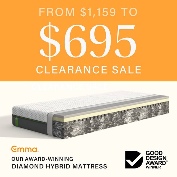 This image ad showcases the Emma Diamond Hybrid Mattress, highlighting a clearance sale with a significant price reducti