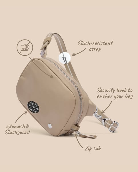This ad showcases the brand's anti-theft bag with detailed descriptions of its key features: slash-resistant strap, 