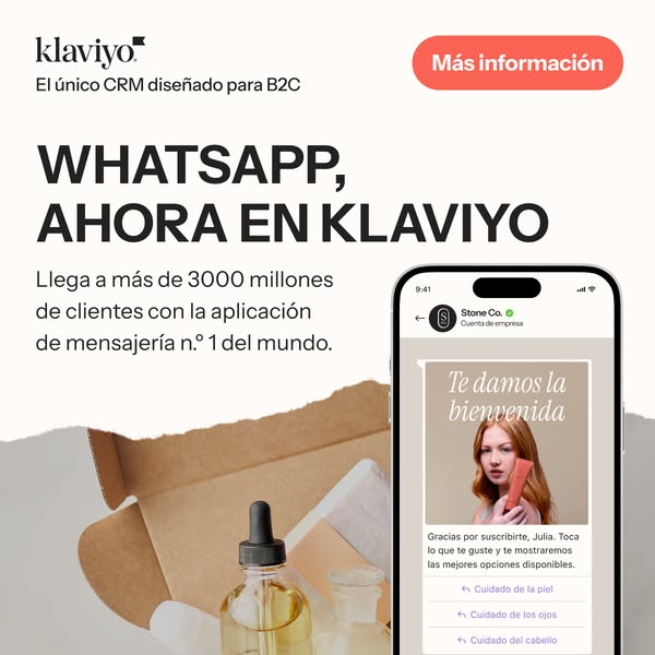 This ad promotes Klaviyo's new integration with WhatsApp, highlighting the ability to reach a large customer base th